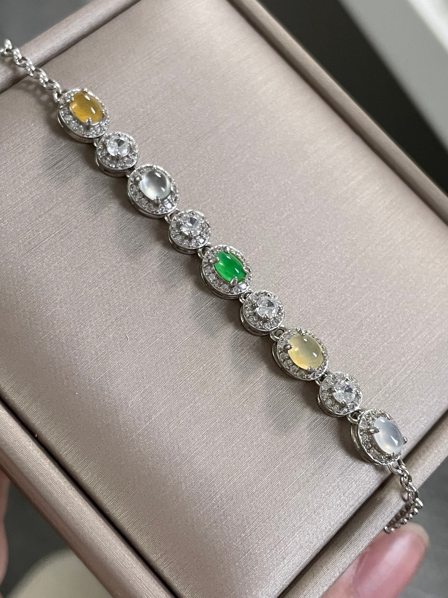 多宝翡翠蛋面手链｜阳绿·白冰·黄翡多彩组合