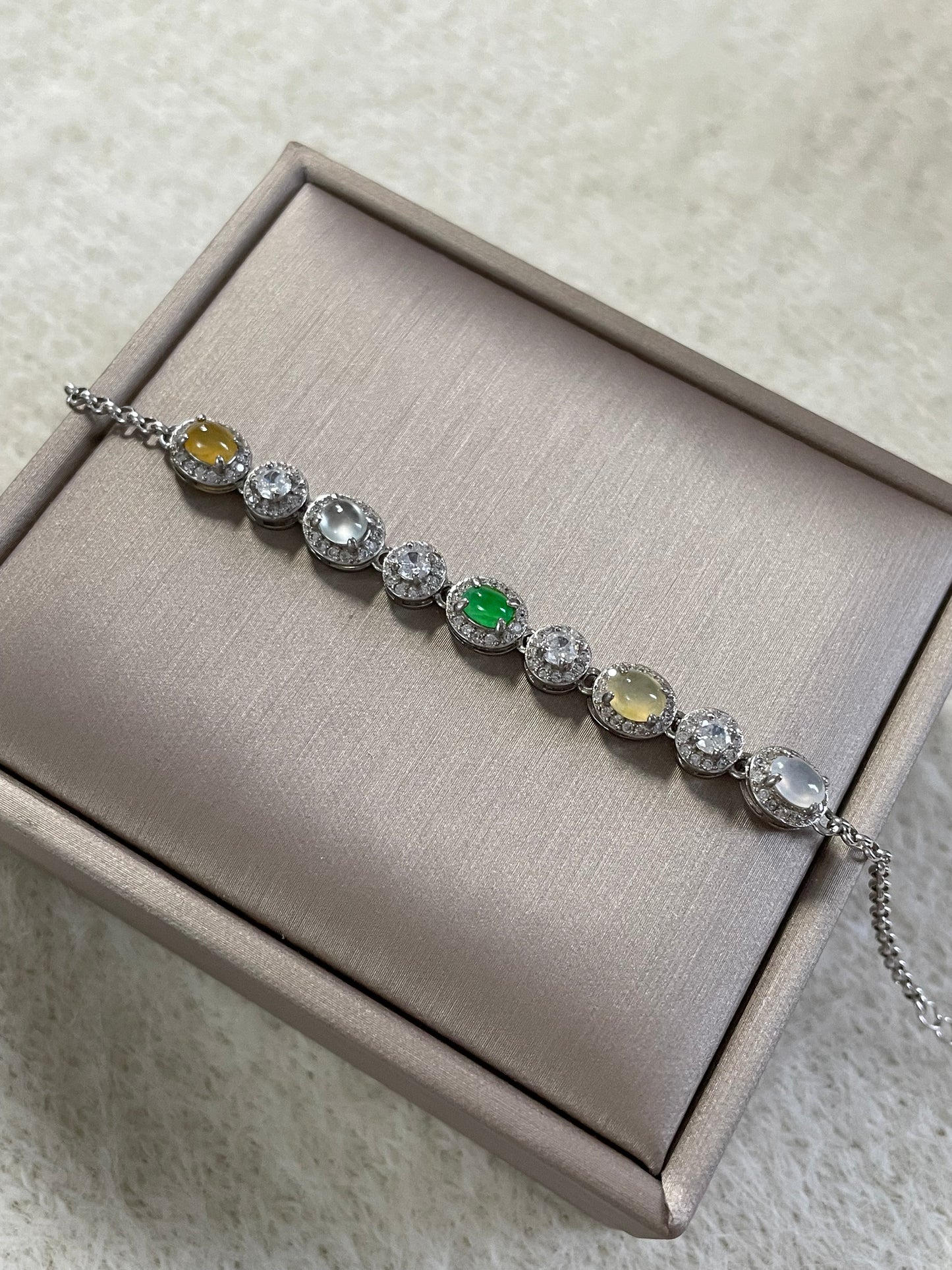 多宝翡翠蛋面手链｜阳绿·白冰·黄翡多彩组合