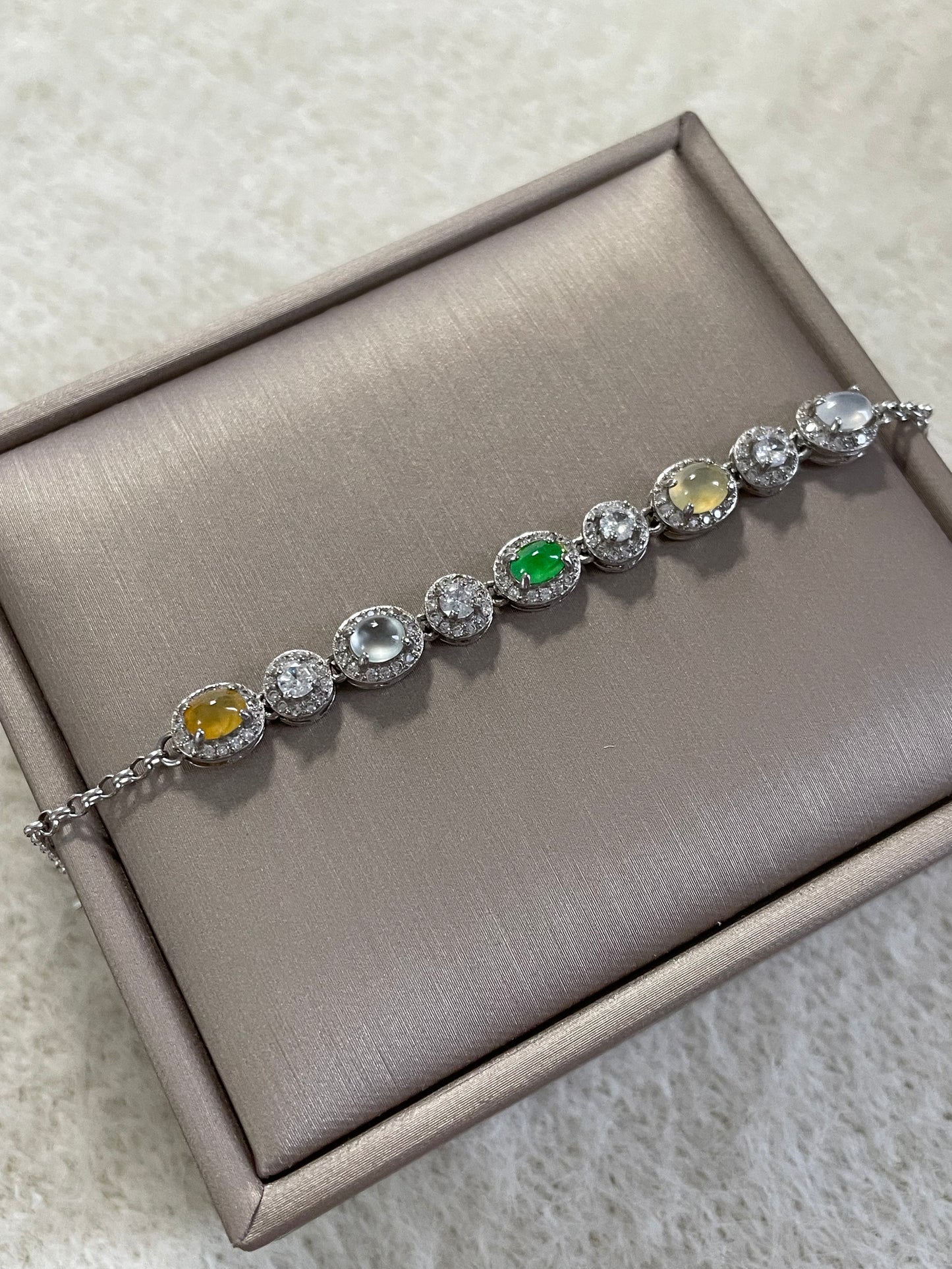 多宝翡翠蛋面手链｜阳绿·白冰·黄翡多彩组合