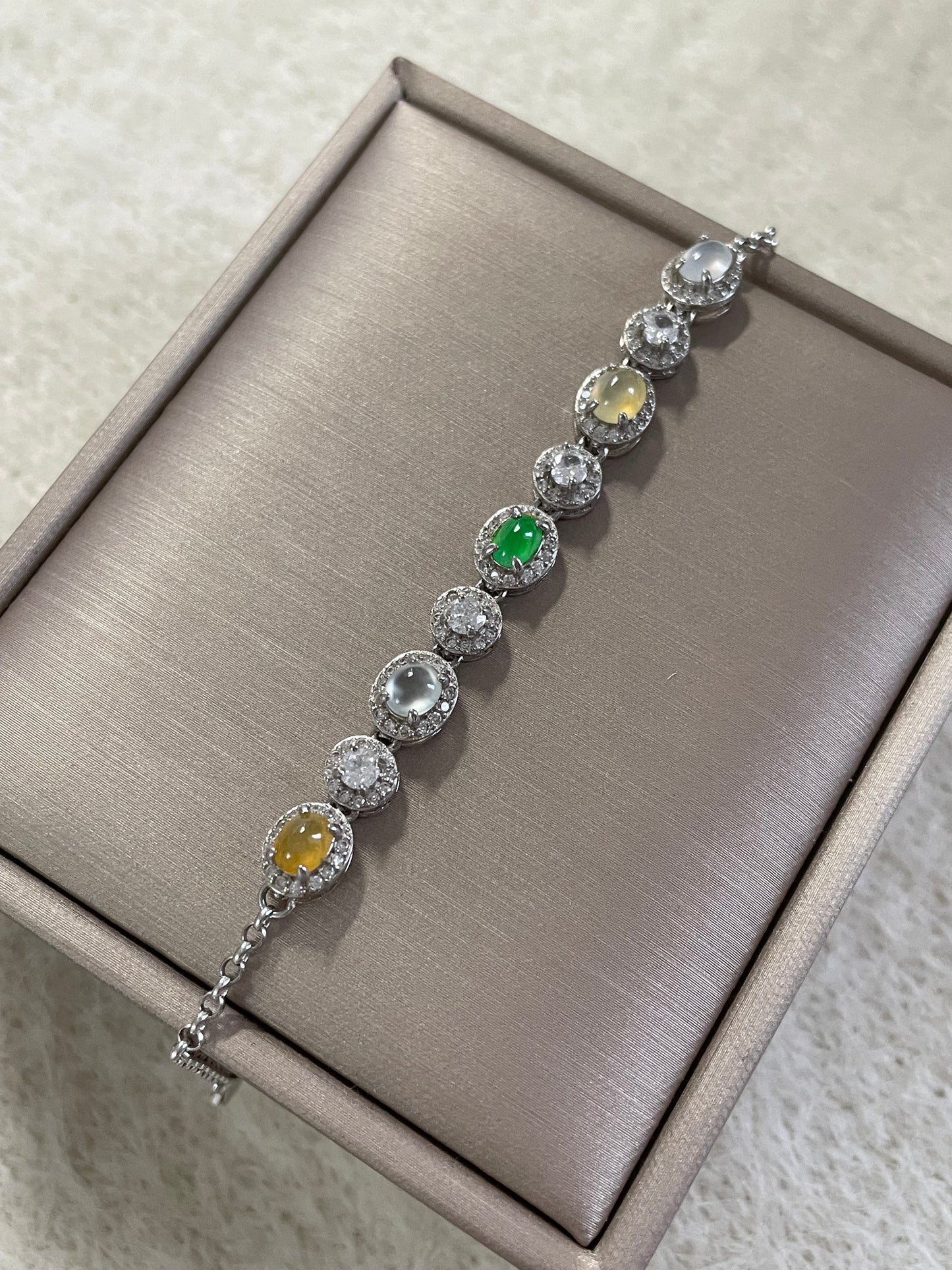 多宝翡翠蛋面手链｜阳绿·白冰·黄翡多彩组合