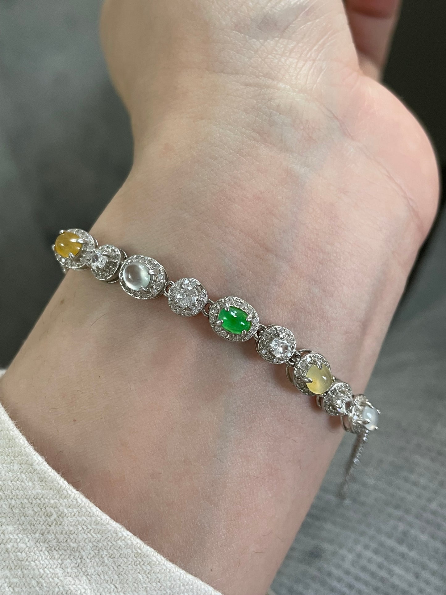 多宝翡翠蛋面手链｜阳绿·白冰·黄翡多彩组合