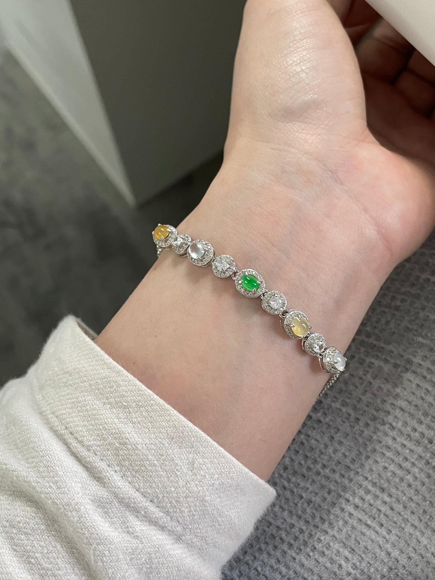 多宝翡翠蛋面手链｜阳绿·白冰·黄翡多彩组合